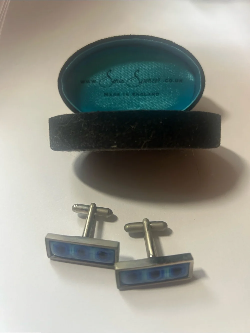 Sonia Spencer Bullet Back Cufflinks Mens Blue Enamel Rectangular Made in England